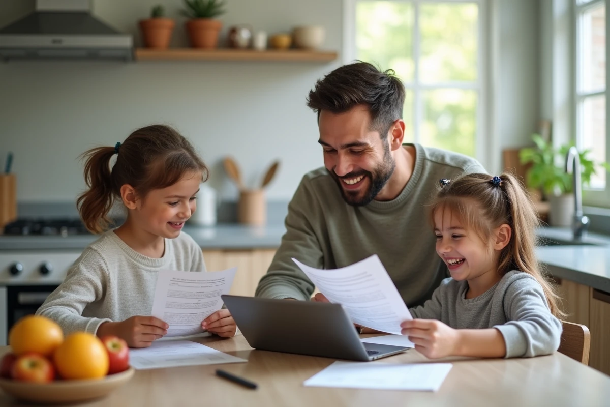 Père et enfants discutant avec des notes dans la cuisine lumineuse