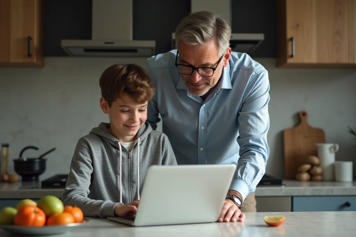 Père et fils regardant un ordinateur dans la cuisine familiale