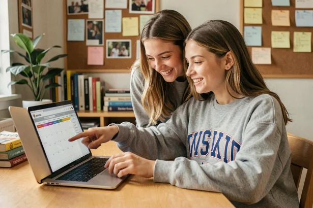 Deux étudiantes colocataires partageant un emploi du temps universitaire UPVD sur un ordinateur portable dans un appartement étudiant