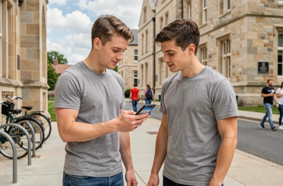 Deux étudiants partageant l'emploi du temps UPVD via une application mobile devant le campus universitaire