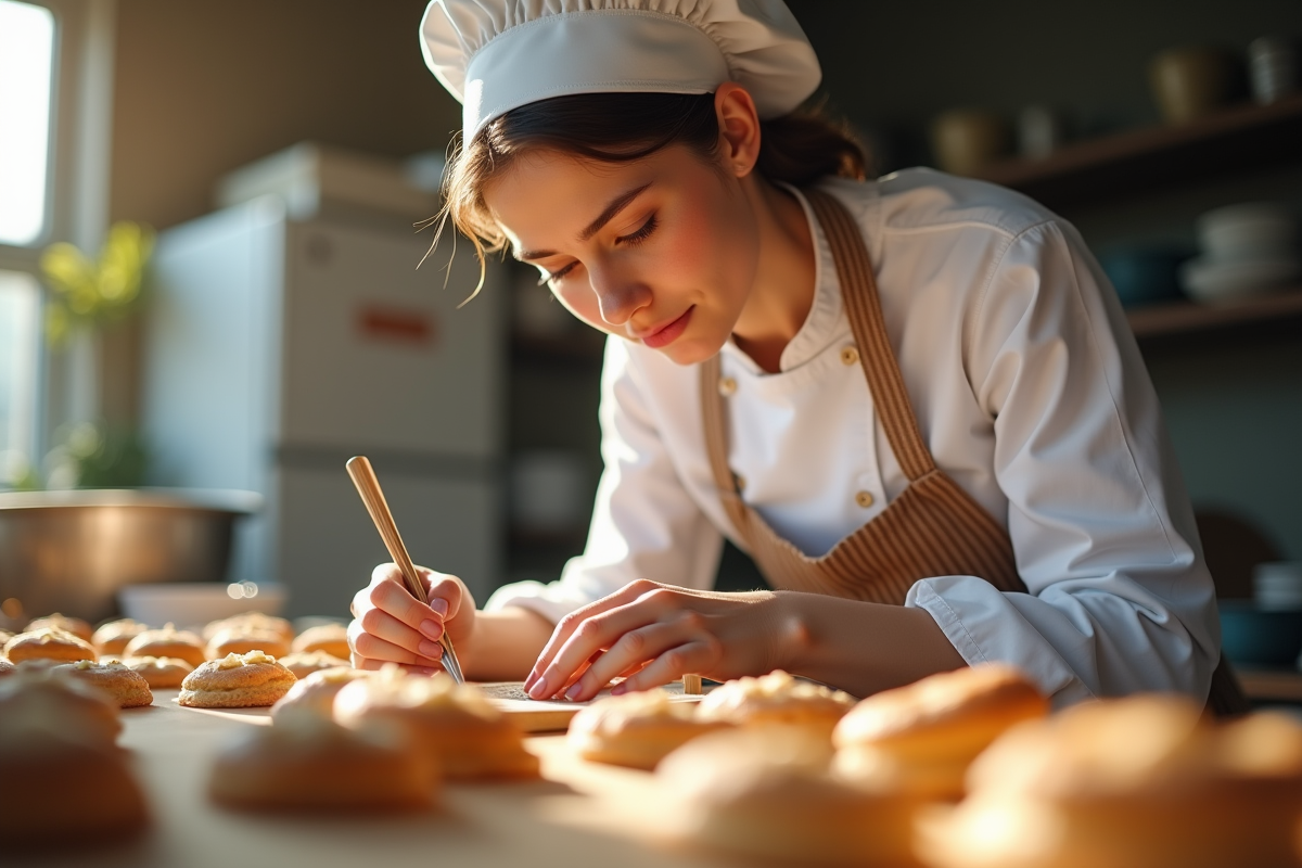Femme boulangere decorant des patisseries dans une boulangerie ensoleillee