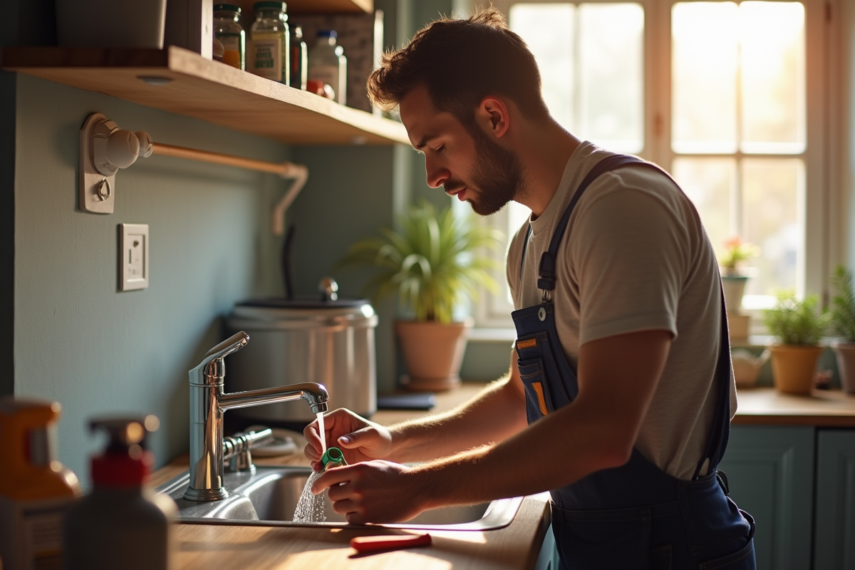 Jeune plombier réparant un evier de cuisine dans un appartement lumineux