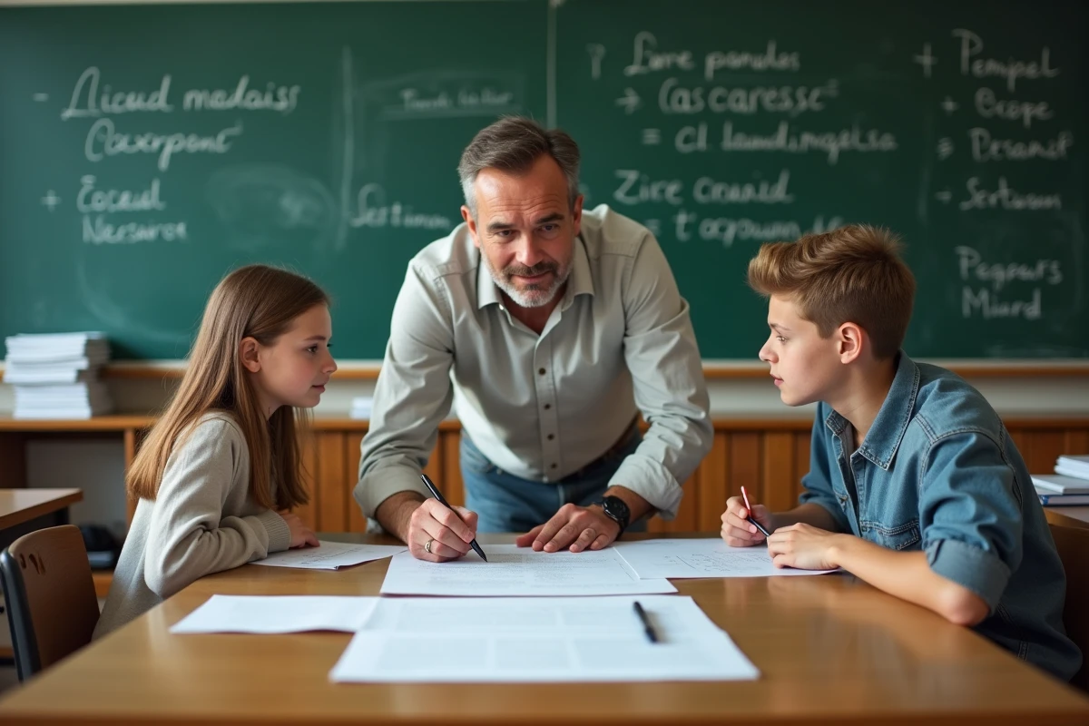 Professeur de français expliquant un commentaire composé corrigé à des lycéens en classe avant le baccalauréat