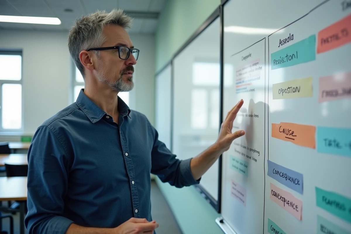 Professeur présentant un tableau de connecteurs logiques par catégorie sur un tableau blanc en classe