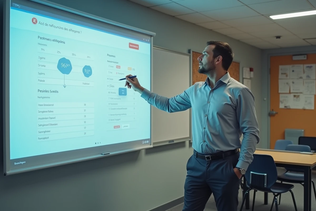 Professeur présentant les nouveautés de l'ENT sur tableau interactif au collège