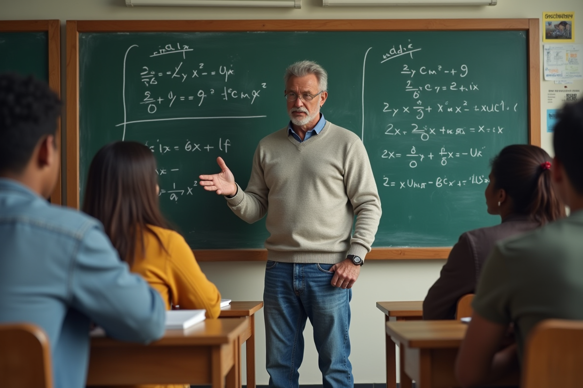 Professeur expliquant des équations à des adultes en classe