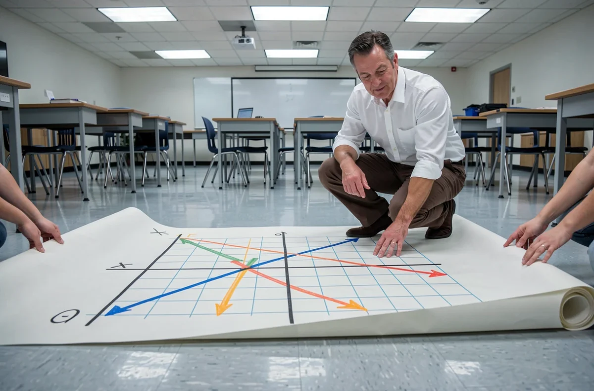 Professeur de mathématiques et élèves travaillant ensemble sur un grand repère vectoriel dessiné au sol en classe