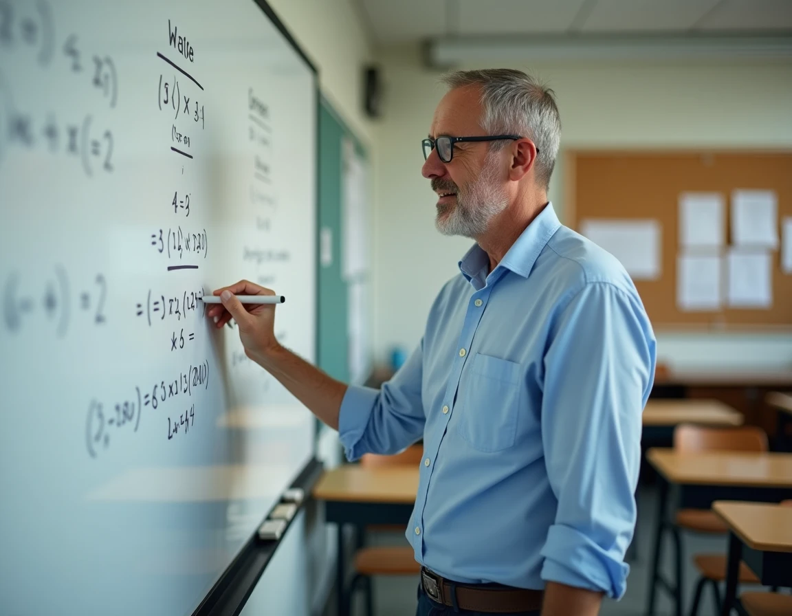 Professeur expliquant le calcul de note avec coefficient au tableau blanc dans une salle de classe