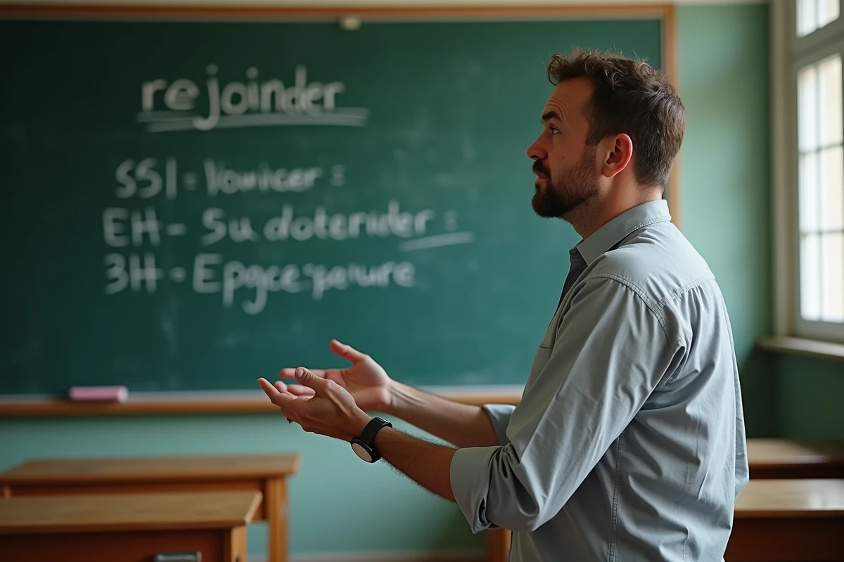 Professeur de français devant un tableau noir avec la conjugaison du verbe rejoindre au passé simple écrite à la craie