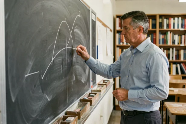 Professeur de mathématiques traçant une tangente à une courbe sur un tableau noir dans une salle de classe