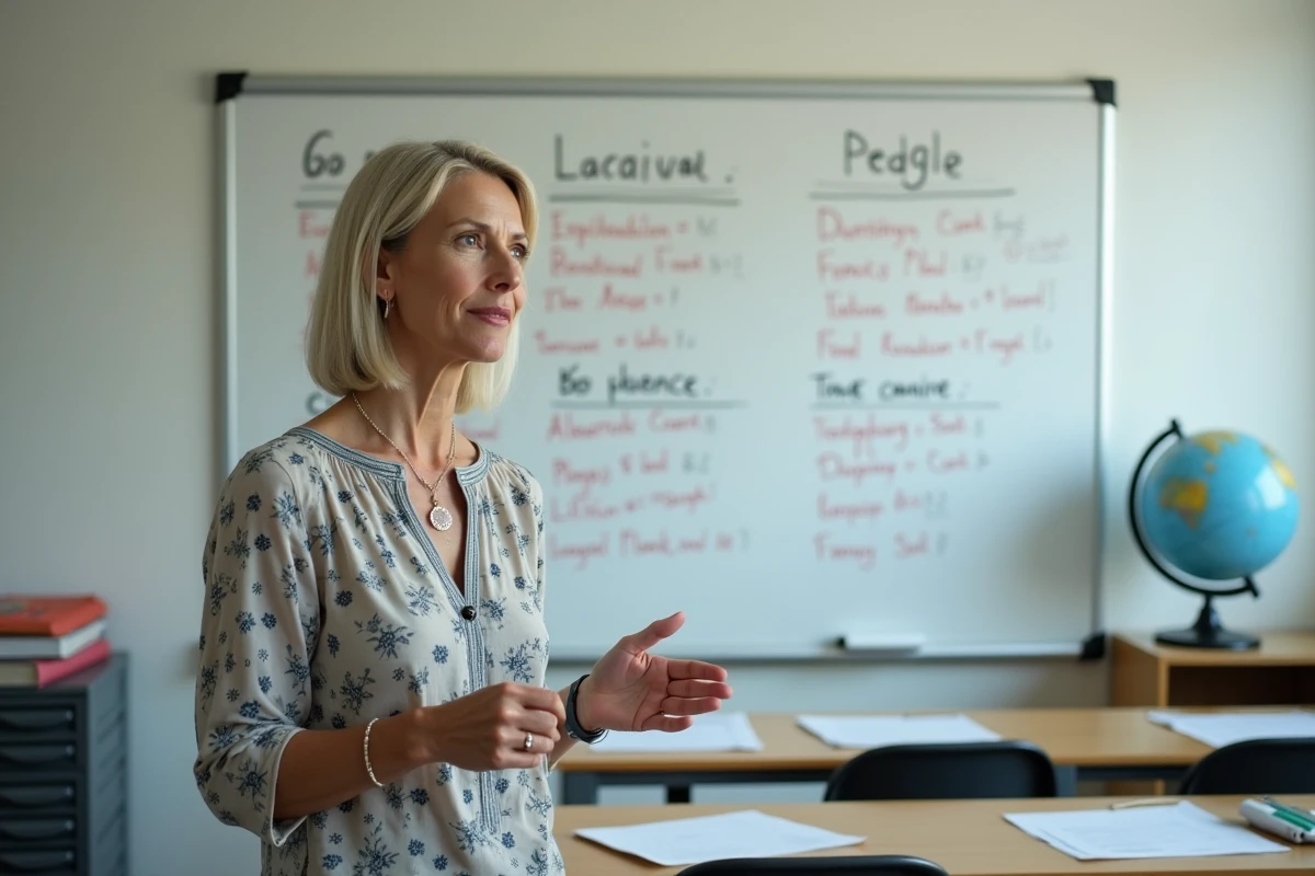 Professeure devant tableau de conjugaison en classe moderne