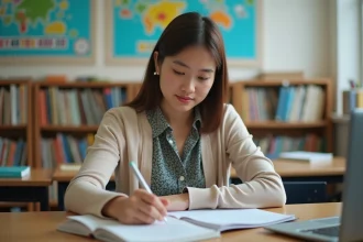 Professeure en classe utilisant un ordinateur portable