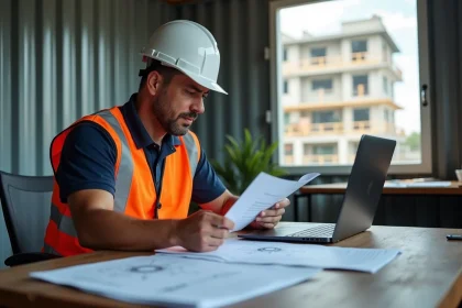 Professionnel du BTP consultant un dossier de certification CPF dans un bureau de chantier avec plans techniques et ordinateur portable