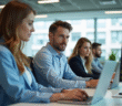 Groupe de professionnels divers dans un bureau lumineux