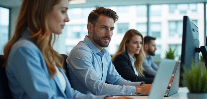 Groupe de professionnels divers dans un bureau lumineux