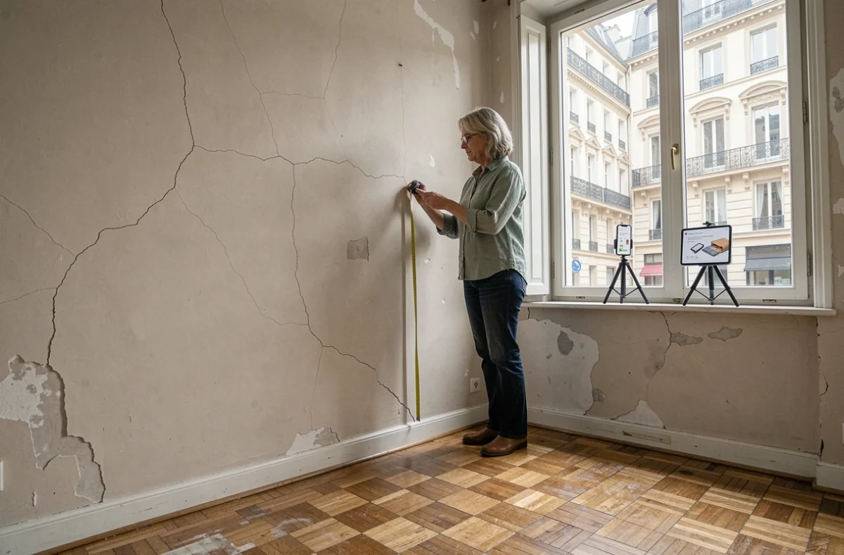 Femme propriétaire mesurant un mur abîmé dans un appartement locatif vide en suivant un tutoriel de bricolage sur smartphone