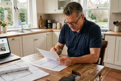 Propriétaire bailleur qui examine des devis de travaux à sa table de cuisine avec des plans de rénovation et un ordinateur affichant une formation bricolage