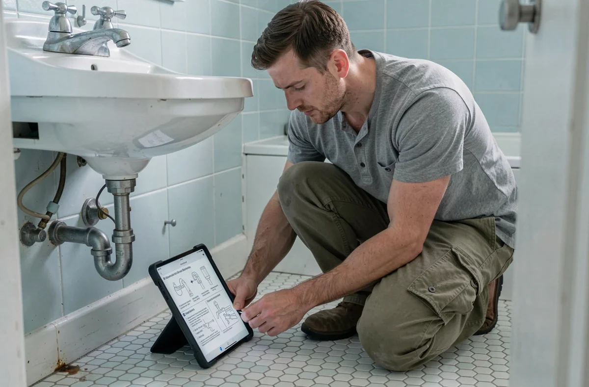 Propriétaire bailleur qui répare une fuite sous un lavabo de salle de bain locative en consultant un cours de plomberie sur tablette