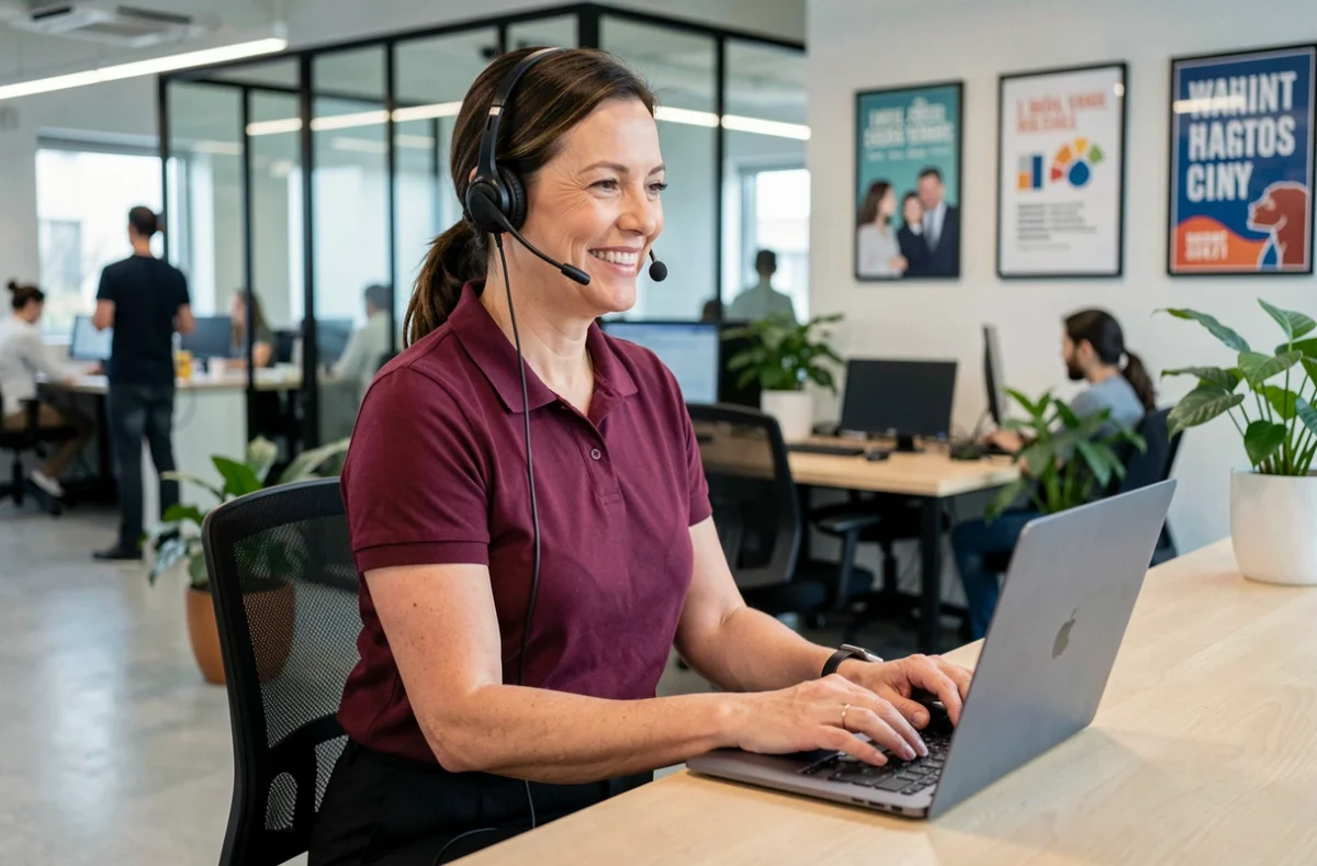 Femme en reconversion professionnelle travaillant comme assistante administrative dans un espace de coworking moderne