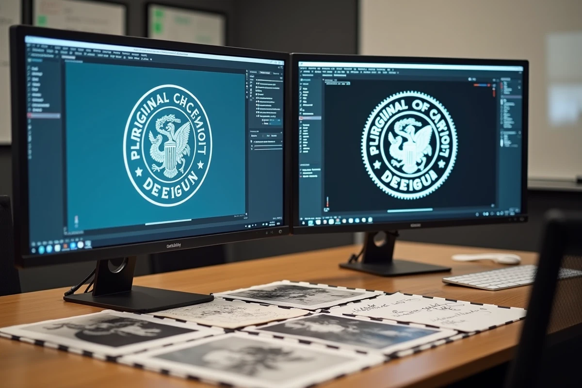 Poste de travail de designer comparant un logo scolaire original archivé et sa version modernisée sur deux écrans