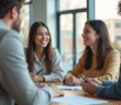 Jeune femme souriante rencontrant un conseiller emploi dans un bureau moderne
