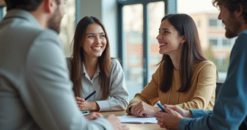 Jeune femme souriante rencontrant un conseiller emploi dans un bureau moderne