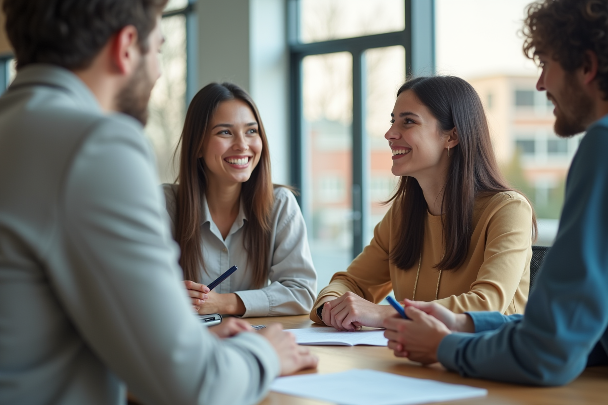 Jeune femme souriante rencontrant un conseiller emploi dans un bureau moderne