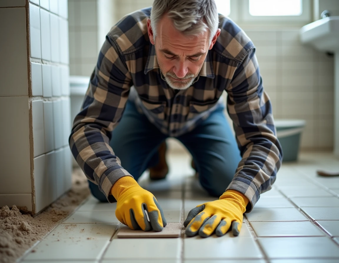 Homme en train de poser du carrelage dans une salle de bain lors d'une rénovation maison DIY