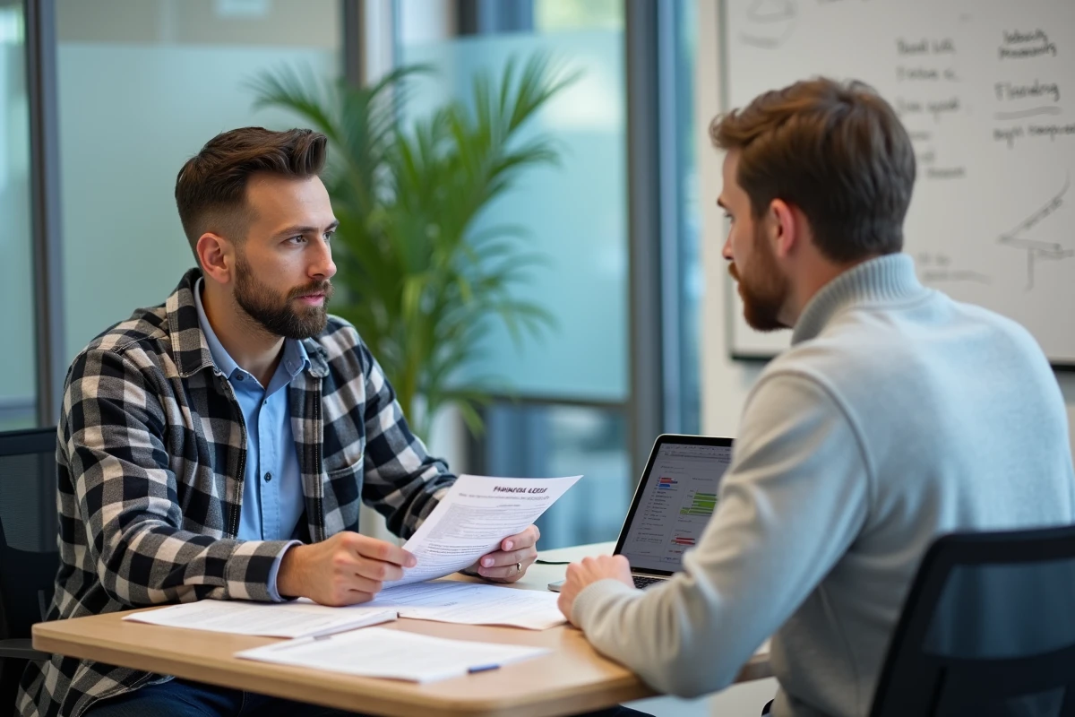 Deux hommes en centre de formation professionnelle BTP examinent ensemble des documents de financement et d'aide à la formation