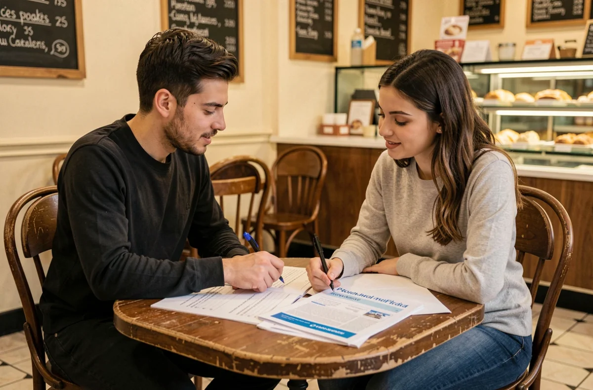 Deux étudiants révisant ensemble des exercices de tests psychotechniques dans un café avant un concours