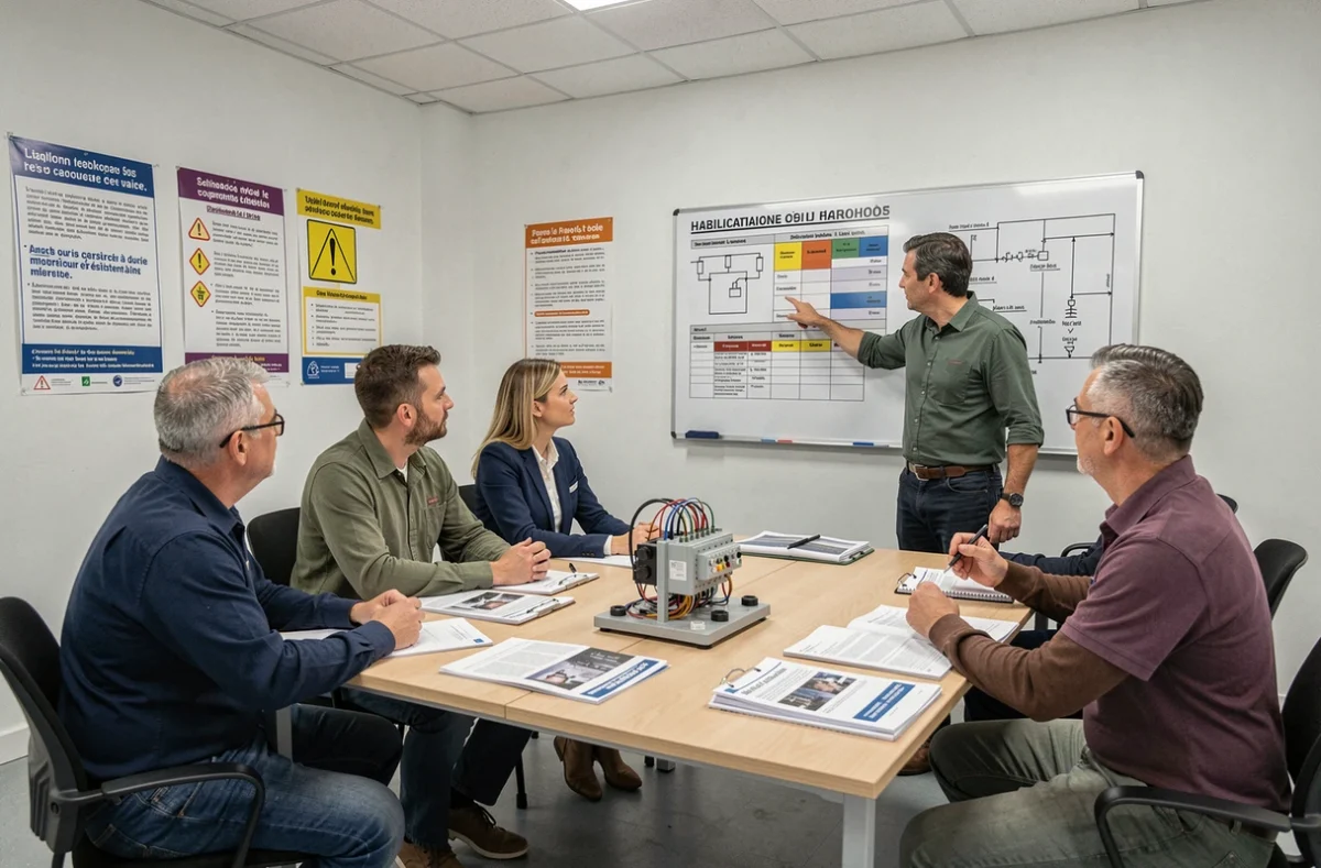 Groupe de stagiaires en salle de formation suivant un cours théorique sur l'habilitation électrique Habilec 8 et les niveaux B0 H0V