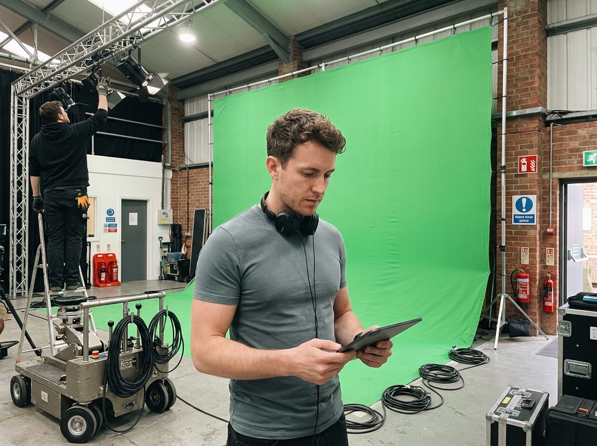 Technicien effets spéciaux sur un plateau de tournage avec écran vert dans un studio de production VFX