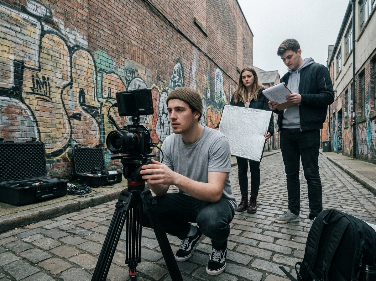 Étudiant en cinéma indépendant filmant en extérieur avec une équipe amateur dans un cadre urbain, illustration d'une formation pratique hors grandes écoles