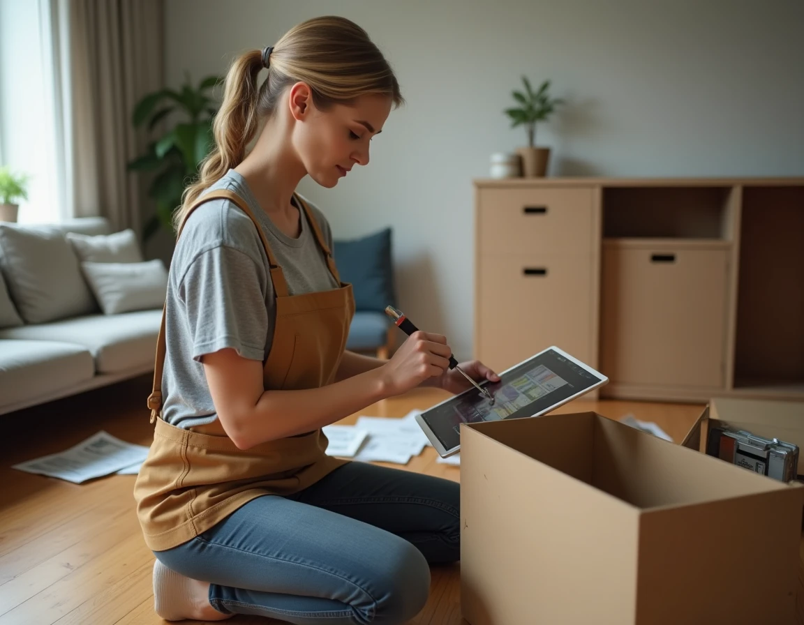 Femme suivant un tutoriel bricolage en ligne pour assembler un meuble dans son salon