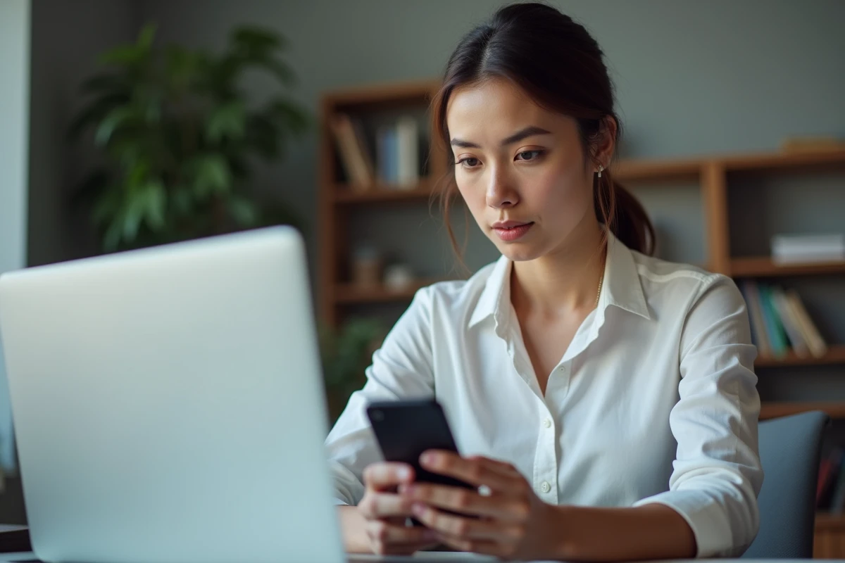 Femme vérifiant son accès à Mycampus depuis un nouvel appareil à domicile avec authentification sur smartphone